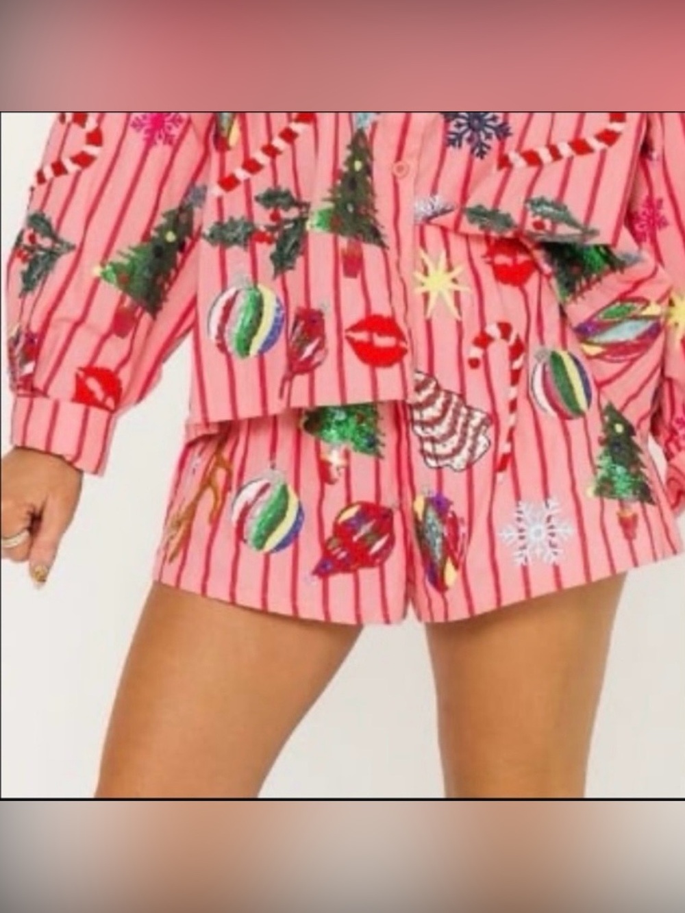 new Pink & Red Stripe Christmas Icons Queen Of Sparkles Cotton Shorts - Picture 6 of 6